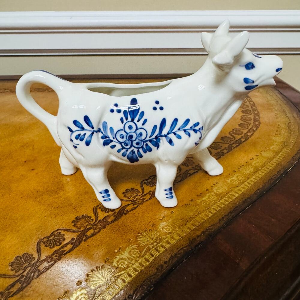 Delft Blue Holland Hand Painted Cow Windmill Creamer Milk Pitcher Farmhouse VTG
